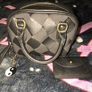 Black Woven Handbag with Gold Accents
